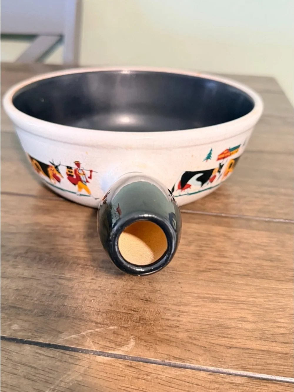 Vintage Landert Pottery Swiss fondue pot, likely dating from the 1950's